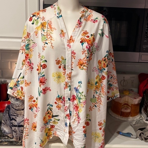 L womens Iman casual floral stretch button up short sleeve plus size blouse 2X - Picture 1 of 5